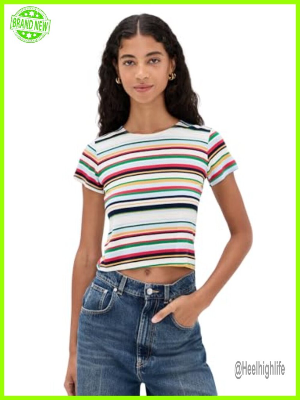 LE BOP Eloise Striped Crop Tee Slim Fit Crew Neck Short Sleeve
